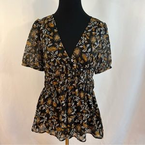 Michael Kors Top Floral Print Ruffle Short Sleeve Blouse Womans Size S Small